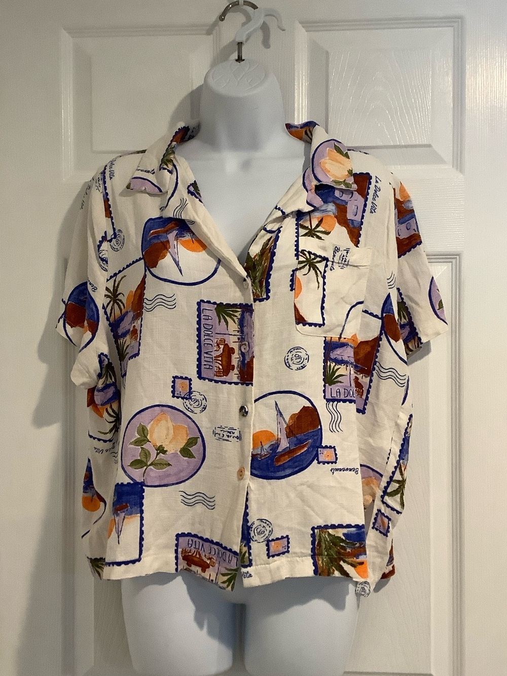 PAPER HEART ANTHRO Linen Blend Euro Summer Block Print Postcard Oversized Top S